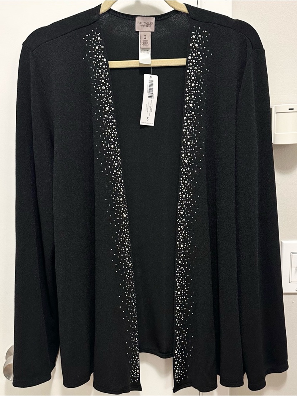 Easywear by Chicos Sparkle Trim Drape Front Jacket Open Cardigan Black 3 XL
